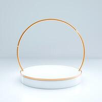 3D White circular platform with gold rim centered beneath gold semi-circular frame, soft gray background. Minimalist, elegant scene emphasizing shape and form. photo
