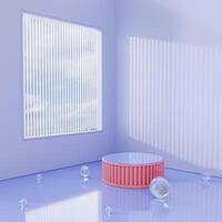 A soft lavender and peach 3D scene with a striped podium, clear spheres, and a window displaying a sky view. photo
