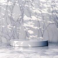3D A dark circular table is centered against a tan wall, with a window illuminating the background with a soft glow. The scene is minimalist with warm tones. photo