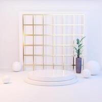 3D White multi-tiered circular platform centered on white surface, gold gridded backdrop, potted plant, white spheres arranged around. Minimalist, modern design. photo