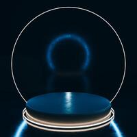 3D Blue circular platform with glowing edge on dark reflective surface, white circular outline, glowing blue half-circle in background. Modern, abstract, futuristic feel. photo