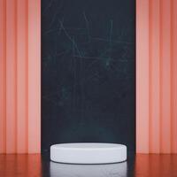 A 3D render featuring a white podium in front of a textured black wall framed by peach vertical columns. photo