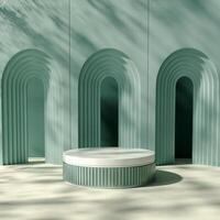 3D A circular platform with a grooved base is centered in front of a layered green backdrop with three arches. Soft shadows are cast by a light source, giving a minimalist and somewhat abstract feel. photo