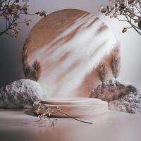 A round, wooden platform is centered in a scene with a circular backdrop and a blurred, abstract effect. Rocks and dried plants surround it. The color palette is muted and warm. photo