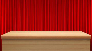 Beautiful empty wooden table with red curtains as a background. photo