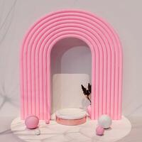 3D White circular platform with pink base centered against layered pink arch. Vase with dried foliage on the side, white and pink spheres on the base. Minimalist scene with a playful, retro aesthetic. photo