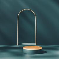 A 3D teal and gold podium stands beneath a golden archway against a teal background with soft shadow patterns. photo