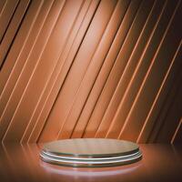 3D Multi-tiered circular platform with gold and white accents against copper-striped panel background, reflective floor matching copper tones. Modern, sleek, elegant design. photo