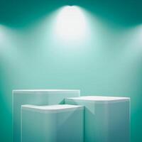 3D A layered turquoise podium under bright spotlights, set against a matching background. photo