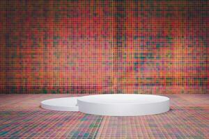 3D A modern studio backdrop featuring two white platforms. The walls and floor are covered with colorful pattern of squares. photo