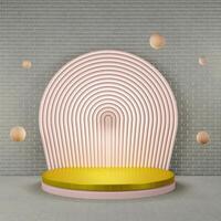 3D Gold circular platform on light pink base, layer arched pink frame behind, gray brick background, floating light brown spheres. Minimalist design with retro touch. photo