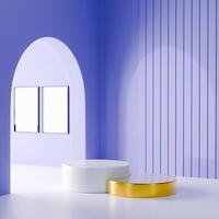3D Multi-tiered circular platform with white top, gold base, light purple backdrop with arch and vertical stripes, two empty picture frames in archway. Modern, minimalist, elegant scene. photo