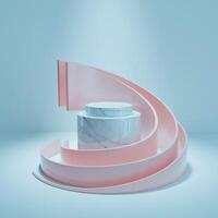 3D Multi-tiered platform with white circular top, white marble base, centered in curved light-pink framework. Smooth, abstract design, soft color palette, minimalist background. photo