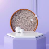 3D Hexagonal white platform on purple base, two white spheres, gold-outlined circular design behind, two hanging lights, light purple background. Modern, abstract, minimalist feel. photo