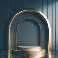 3D Gold multi-tiered circular platform centered, black background with gold-trimmed vertical lines, layered gold arches, dark veined floor. Luxurious, modern, elegant atmosphere. photo