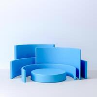 3D A bright blue geometric display with a round podium, curved walls, and flat planes against a white background. photo