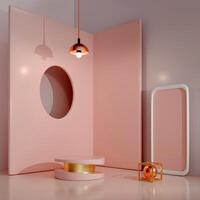 3D Circular platform with gold center among pink walls, one with round cut out, the other framing a gold sphere in a cube. Hanging light above. Minimalist, modern architectural style. photo