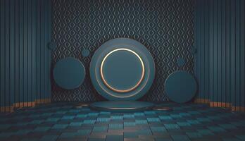 3D A luxurious geometric backdrop featuring a circle framed with a gold ring. Two small podiums standing in front of two circular sides. photo