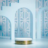 3D A white circular platform with a gold and green patterned base is shown in front of a light-blue backdrop with geometric arches and patterned wall designs. The scene has a clean and modern look. photo