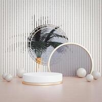 3D White circular platform with gold rim centered on light-brown surface, two circular frames, white spheres, beige striped backdrop, potted plant behind platform. Modern, decorative setting. photo