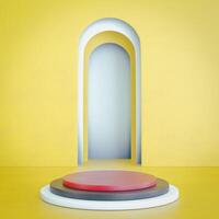 3D A multi-tiered circular platform with white, brown, and red layers is centered in front of a layered yellow archway against a matching background. The scene is vibrant and minimalist. photo