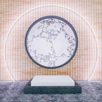 3D White square platform on dark base, circular marble panel with dark ring frame, white line forming an arch. Peach tiled backdrop, gray floor. Modern, textured, abstract aesthetic. photo