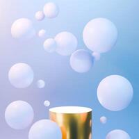 3D Gold cylindrical platform with white top centered among white spheres of various sizes, gradient blue background. Abstract, modern scene with a slightly dreamy feel. photo