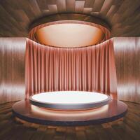 3D circular platform with glowing edges in the center of the circular base, with a curved copper curtain behind it. The scene is surrounded by wooden walls and a ceiling. photo