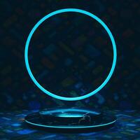 3D Black circular platform with glowing edge centered, neon blue circle frame behind. Textured geometric background and floor in dark blue tones. Modern, abstract, and slightly futuristic scene. photo