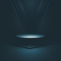 3D A dark, minimalist display featuring a round platform on a square base, with converging lines in the background. photo