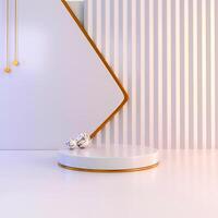 A 3D scene with a white podium, marble spheres, and a geometric backdrop featuring stripes and a framed square. photo