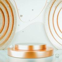 3D Gold multi-tiered circular platform centered, textured gold circles in background, floating gold spheres, flowing lines, light beige background. Luxurious, elegant aesthetic. photo