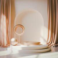 3D Gold circular platform on white multi-tiered base, tan arched alcove with matching drapes, gold sphere and ring placed around. Warm lighting, minimalist, elegant design. photo