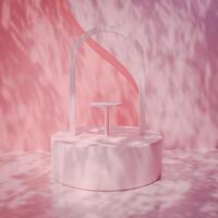 A pink 3D display with a round podium, arched frame, soft shadow patterns, and an elevated platform. photo