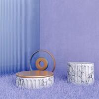 3D Circular marble platform with gold top on purple grass, side marble platform, floating clear ring with gold center, purple striped wall background. Modern, abstract, textured design. photo