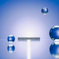 3D Textured gray circular platform centered, gradient blue background, three translucent blue spheres, vertical light streak below platform. Modern, minimalist, abstract style. photo