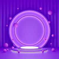 3D White multi-tiered circular platform with glowing rim, purple background with vertical ridges, glowing purple circle behind, pink spheres scattered around. Vibrant, modern, playful aesthetic. photo