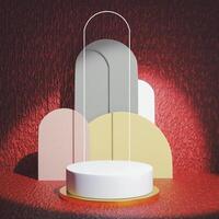 3D White circular platform with gold base, textured red background, layered semi-circular shapes in muted colors, arched white outline. Modern, abstract scene with a slight dramatic feel. photo