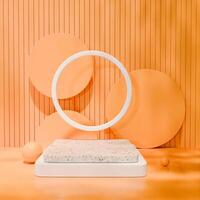 3D Speckled square platform on white base, surrounded by peach spheres and circles, white ring in background with peach vertical stripes. Bright, modern, abstract feel. photo