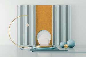 A 3D scene featuring a light teal podium on a teal base, set against an architectural backdrop with ochre and white elements. photo