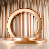 3D A gold multi-tiered circular platform is centered in front of gold drapes and a gold circle frame. The scene has a luxurious and elegant style with a clean background. photo