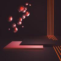 A moody 3D scene with layered platforms, floating spheres, and glowing lines. photo