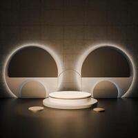 A multi-tiered white circular platform with gold accents is shown against a gray textured wall. Semicircular illuminated cutouts are on either side. The scene has a modern and elegant aesthetic. photo