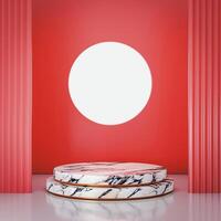 A red 3D render featuring a marble podium with gold trim against a background with a circular cut-out and ribbed columns. photo
