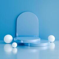3D Multi-tiered blue circular platform centered, blue arch behind, white spheres arranged around. Clean, minimalist, modern design with a monochromatic blue palette. photo