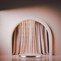 3D A circular metallic platform is centered below a tan arched opening, with matching drapes in the background. The scene is bathed in a warm light, creating a minimalist and elegant effect. photo