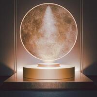 3D A gold multi-tiered circular platform is centered in front of a gold moon graphic with a spotlight effect. Gold vertical lines frame the image. The scene has a luxurious and elegant aesthetic. photo