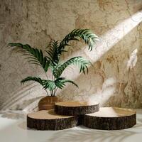 3D Three wooden log slices from a platform, with a potted plant in the background against a textured wall. The scene has a rustic and natural feel, with a light and shadow effect from the light source photo