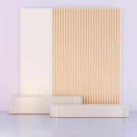 A modern 3D render featuring stacked, rounded rectangular platforms with a striped screen backdrop. photo