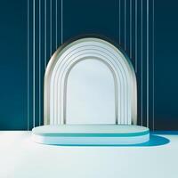 A blue 3D display featuring a rounded podium, arched backdrop with nested arches, and vertical lines. photo